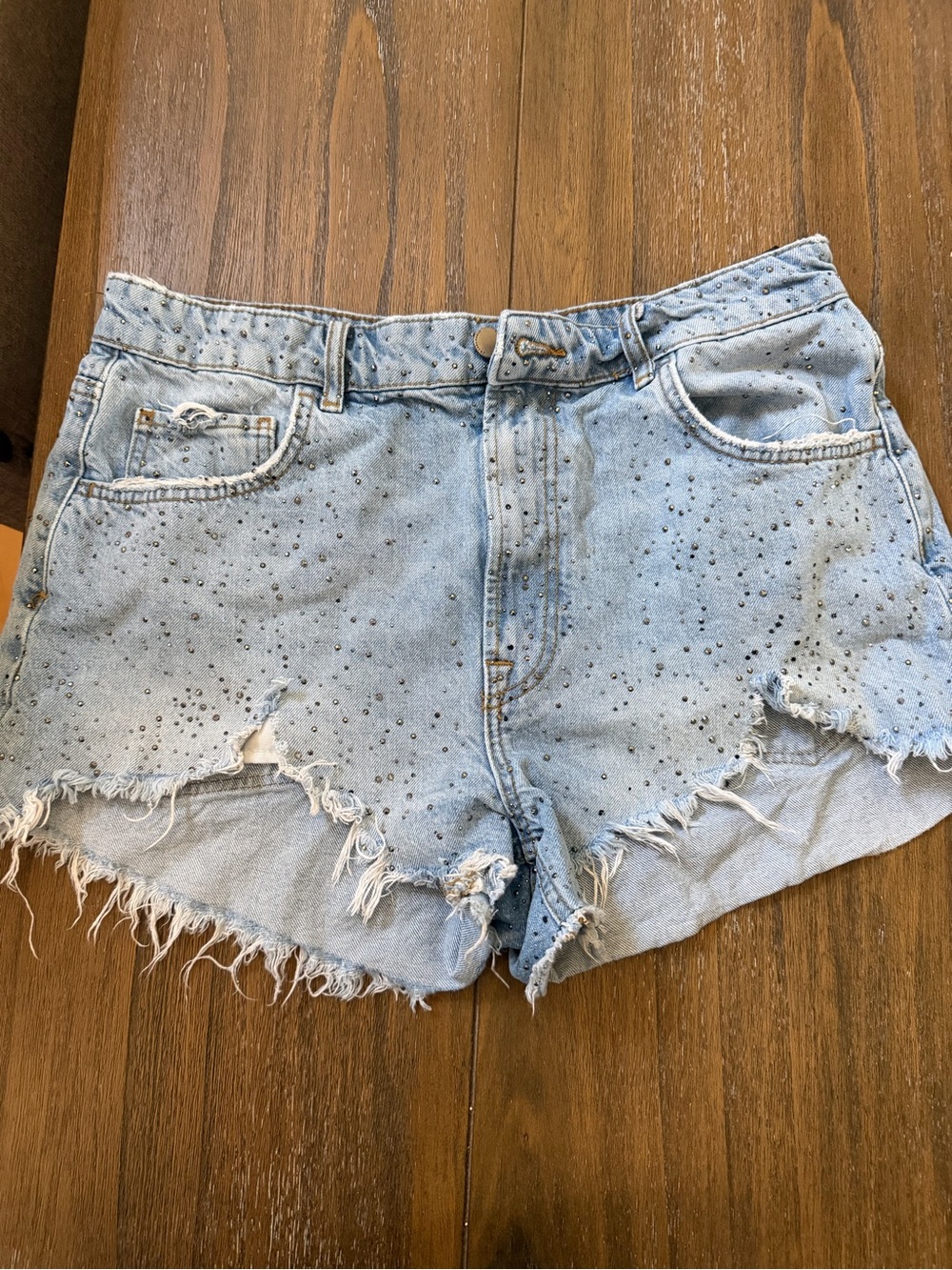 Zara Light Blue Studded Distressed Denim Shorts